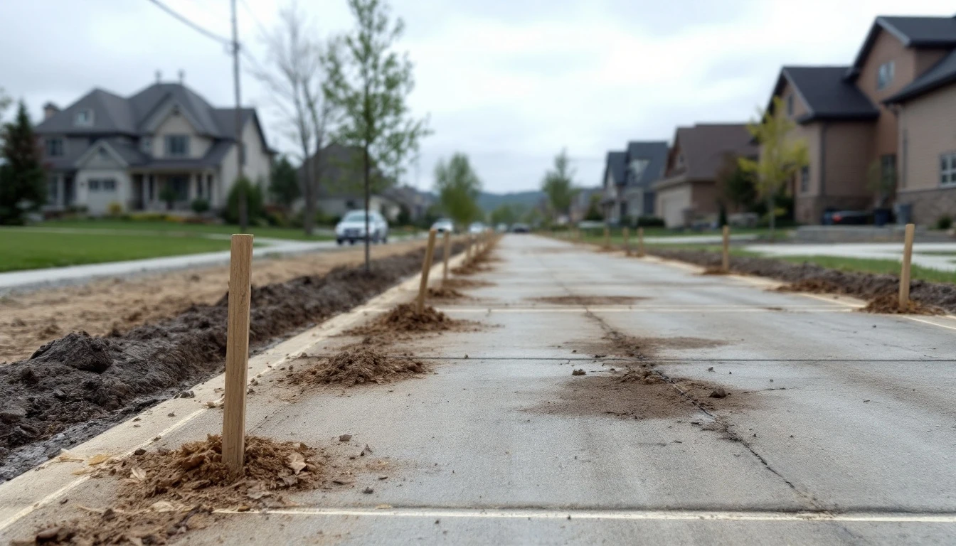 Stakes and string lines marking a planned drive layout