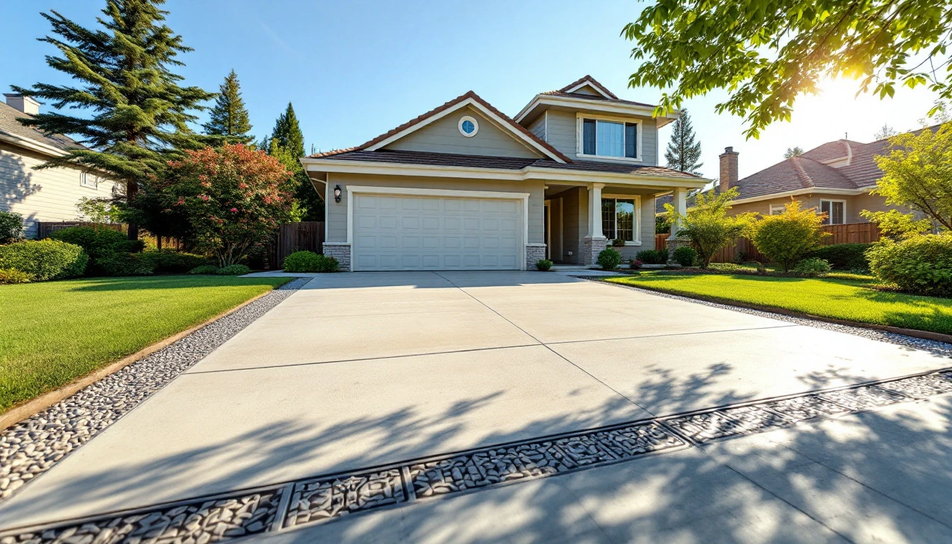 Plain concrete drive framed by a stamped border in bright sun
