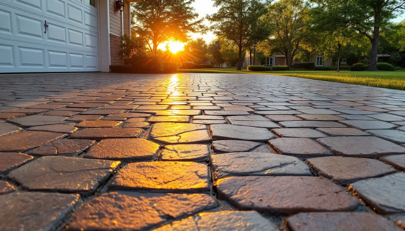 Sealed stamped concrete driveway glowing in warm sunset light