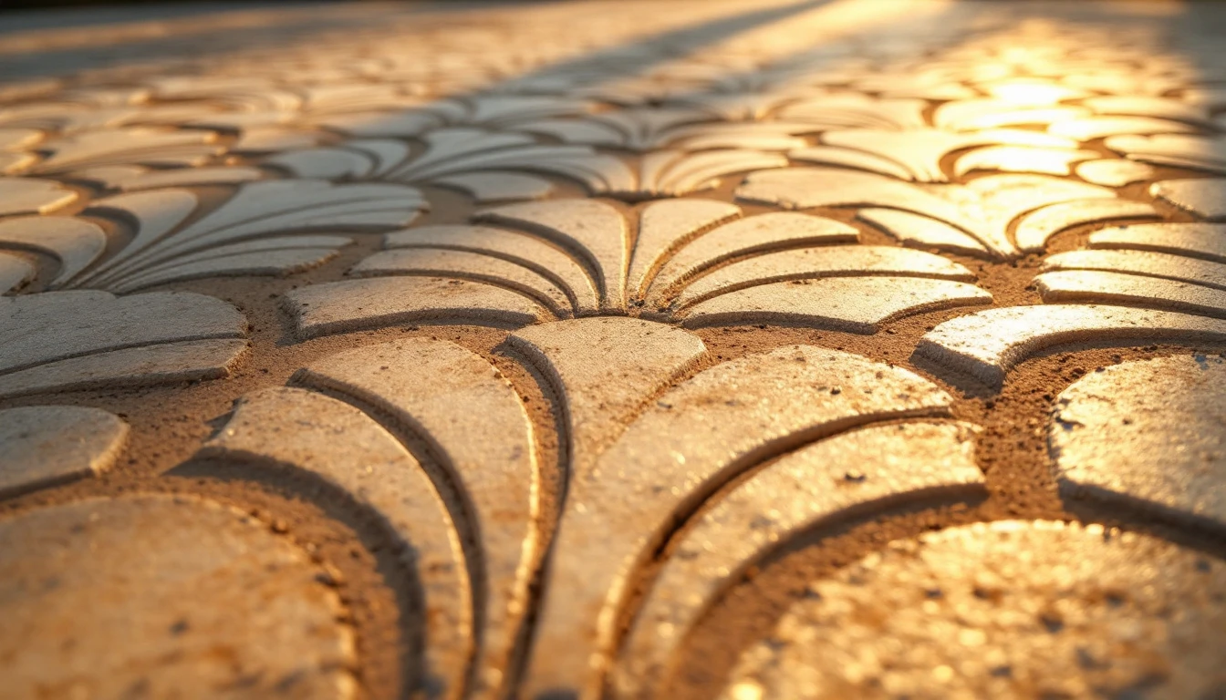 Glossy stamped fan pattern surface glowing in warm evening light