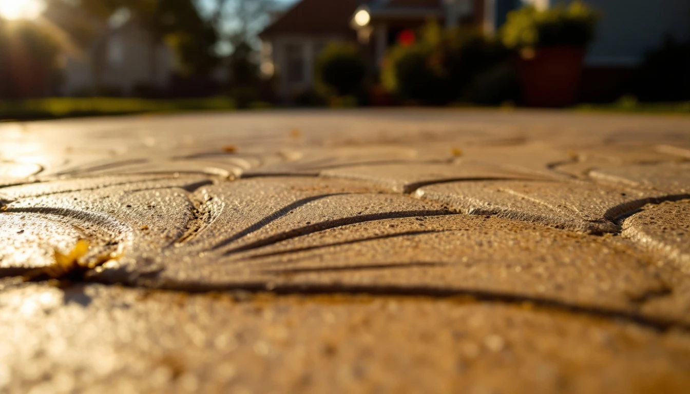 Stamped concrete fan pattern glowing in warm golden hour light
