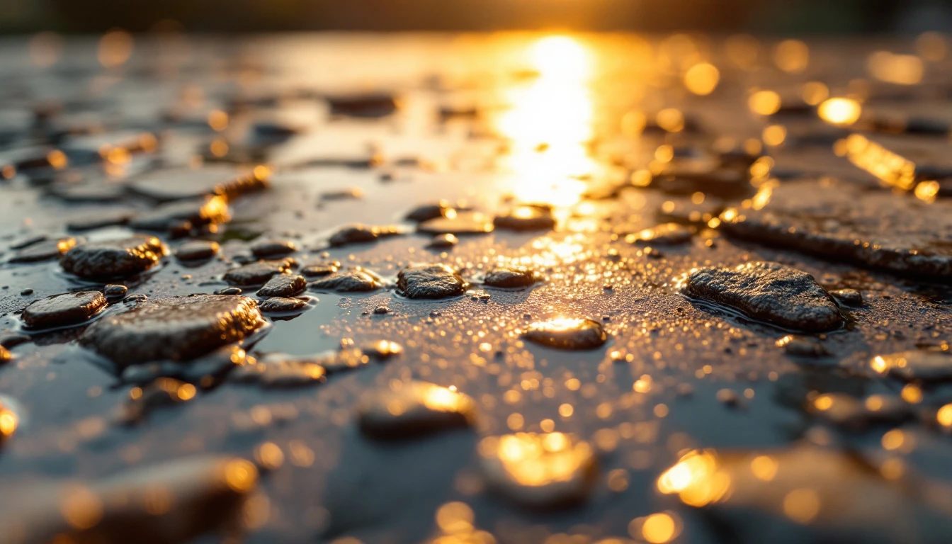 Stamped resin surface with a stone pattern glowing in warm light