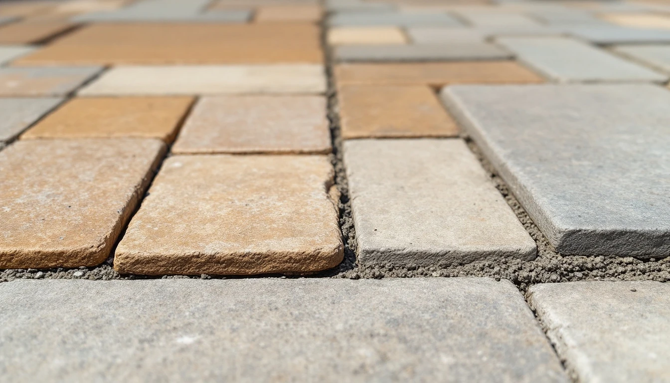 Stamped concrete meets rough natural stone flags at a center joint