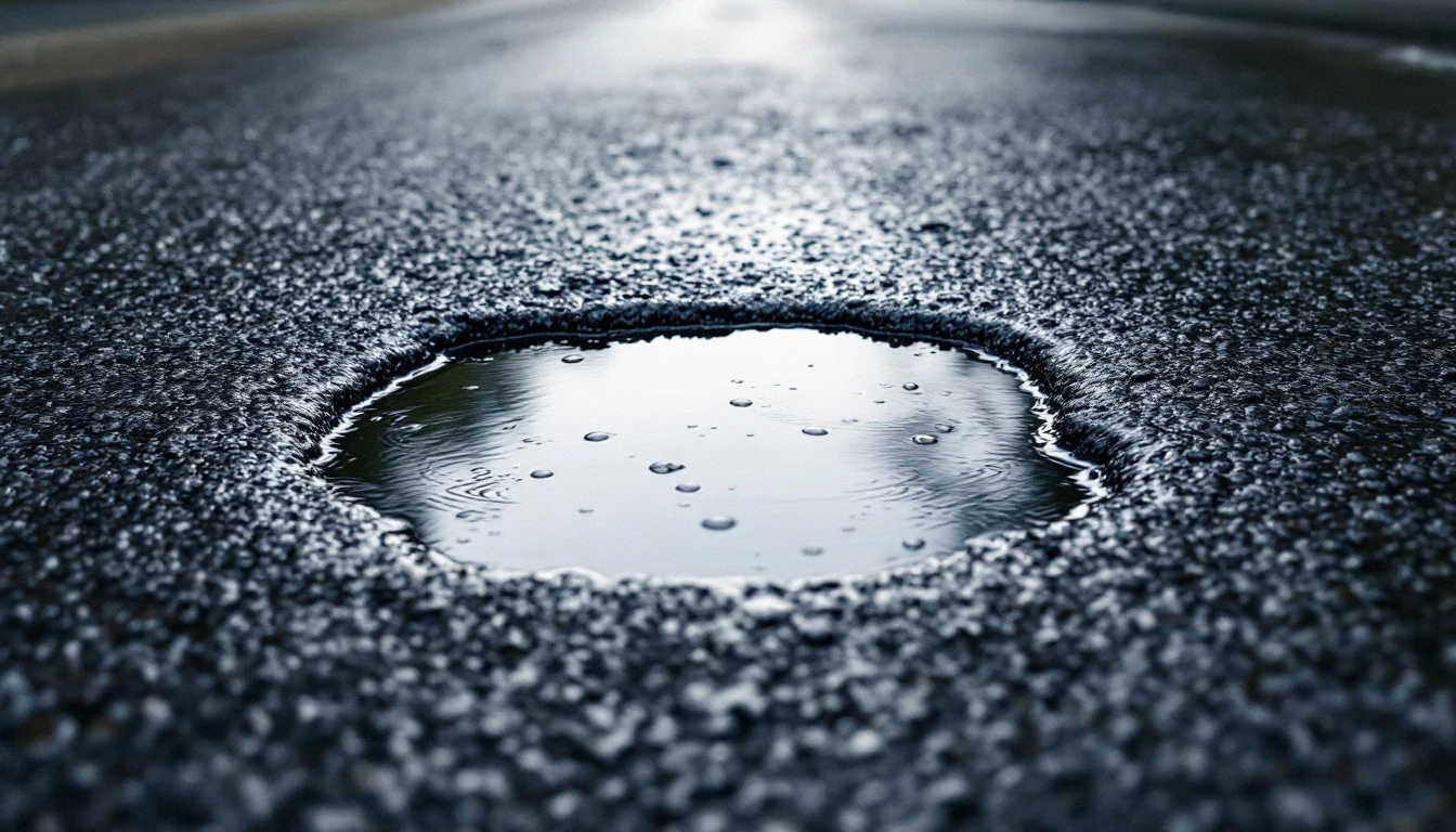 Standing water pooled in a low spot on asphalt