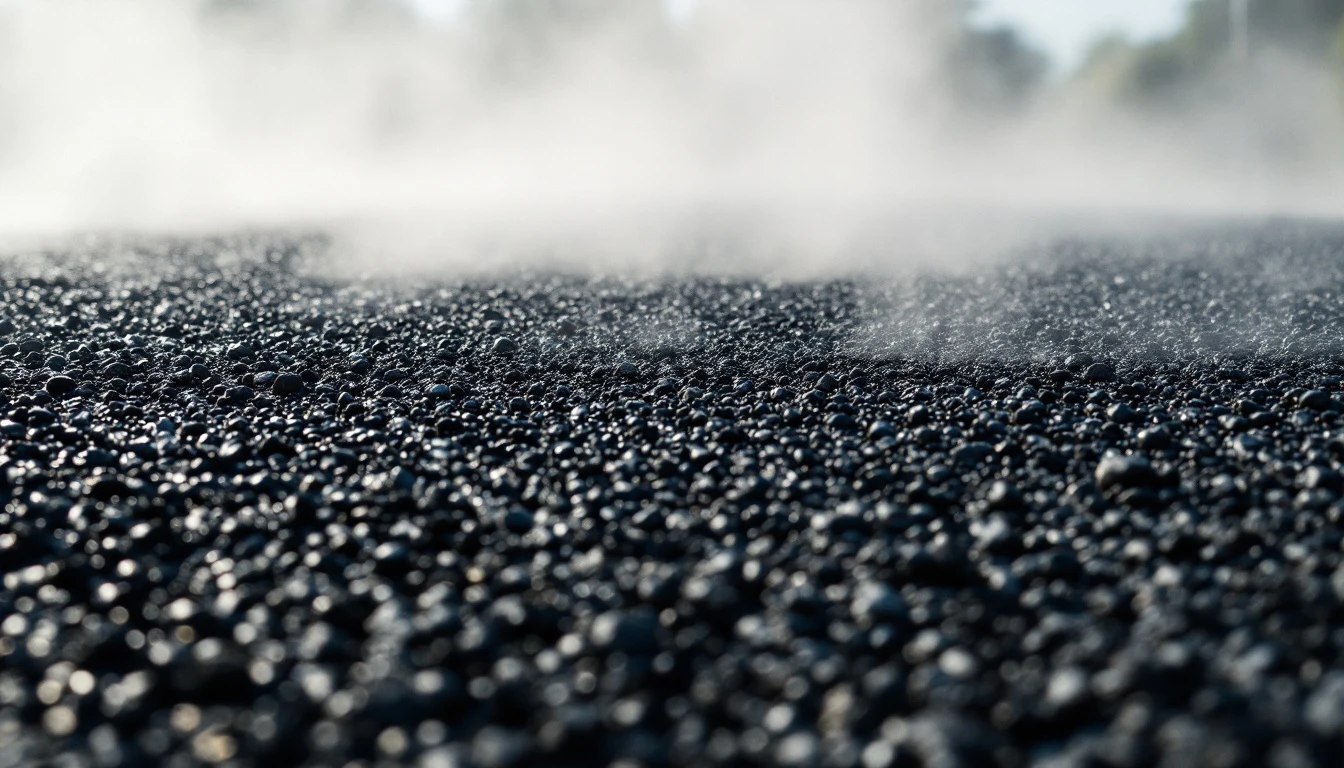 Steam rising from a freshly laid hot asphalt mat in midday sun
