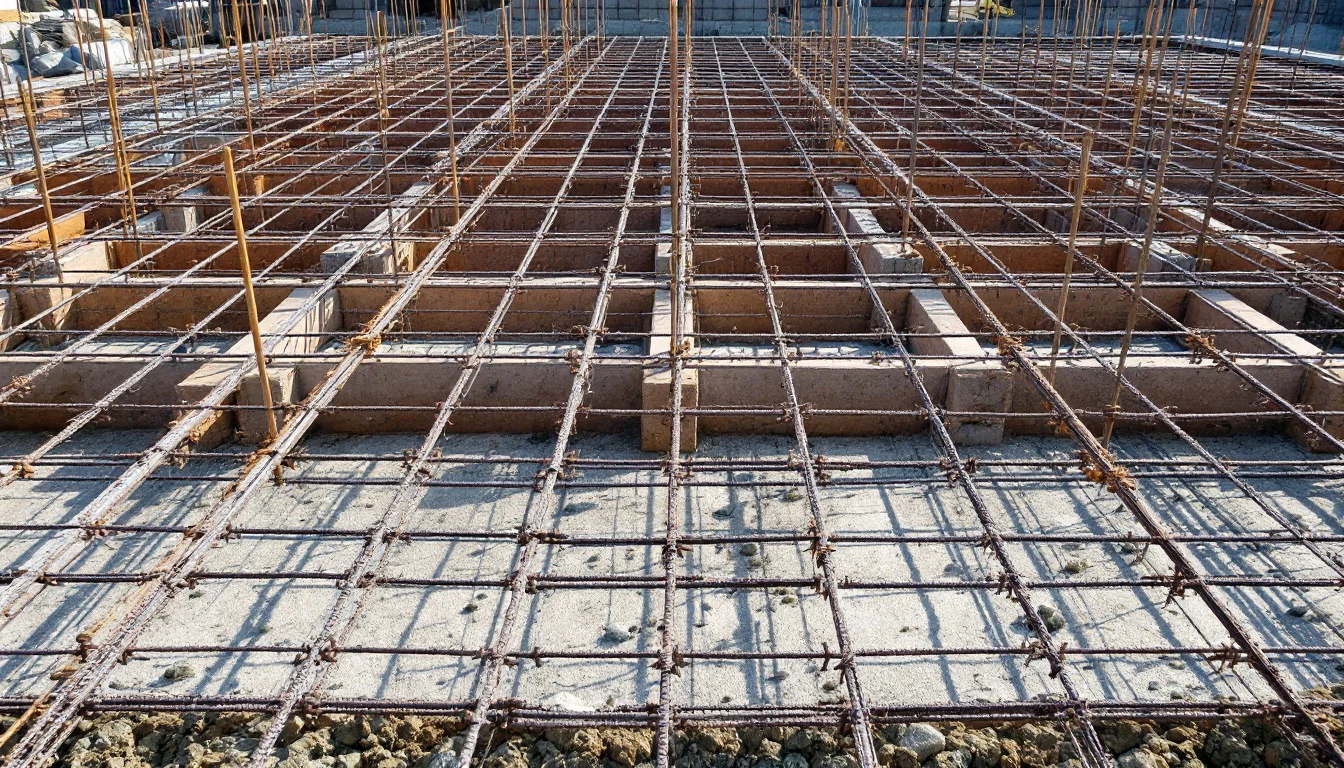 Steel reinforcement bars arranged in a grid awaiting a concrete pour