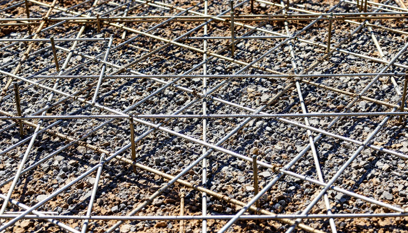 Steel rebar grid laid over a compacted gravel base before pouring