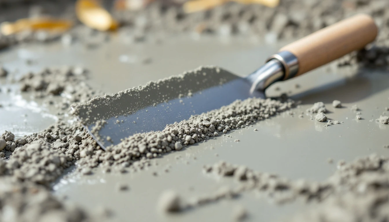 Steel finishing trowel resting on wet cement during a concrete pour