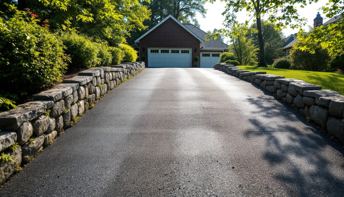 Steeply sloped asphalt drive climbing toward a garage in bright sun