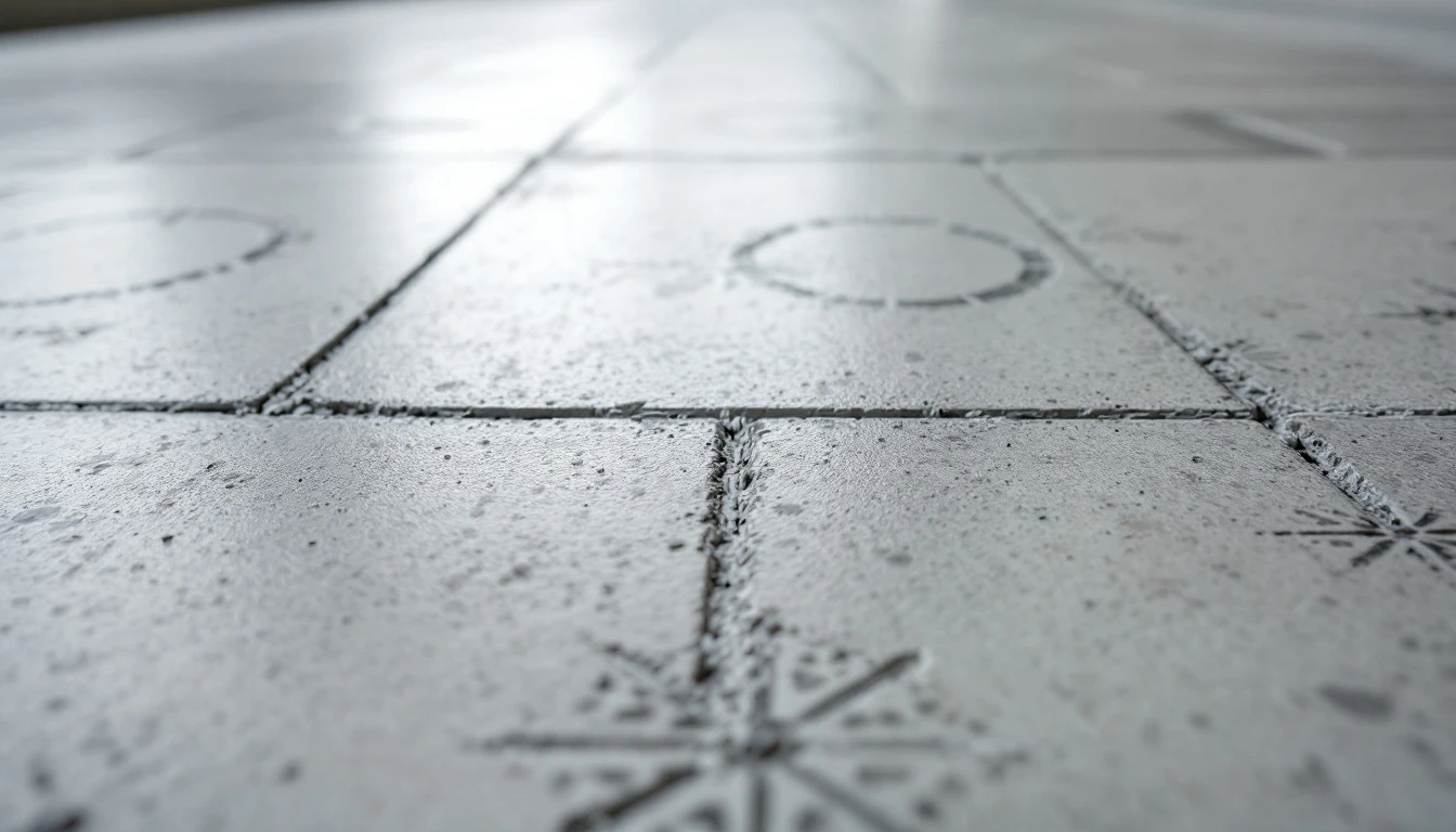 Fresh stenciled geometric pattern pressed into a smooth concrete surface