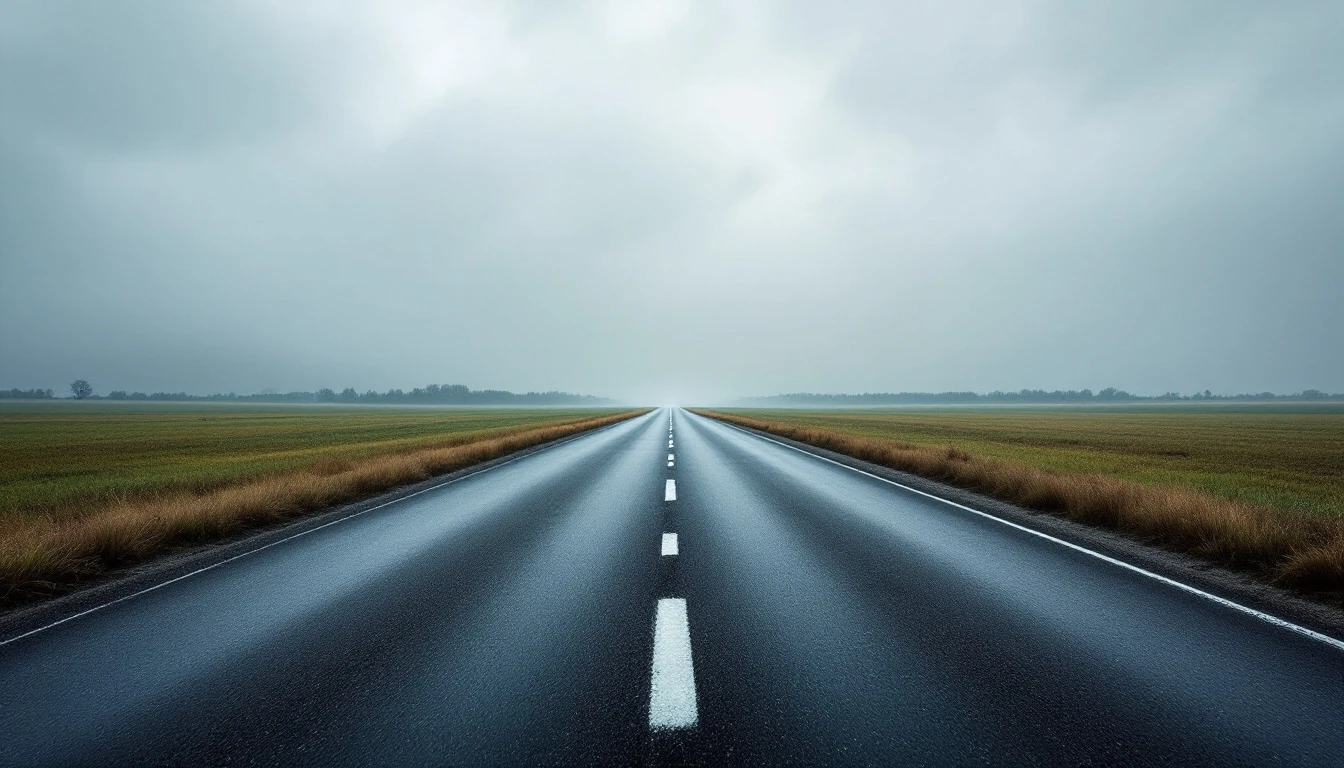 Straight asphalt lane crossing flat open land under gray skies