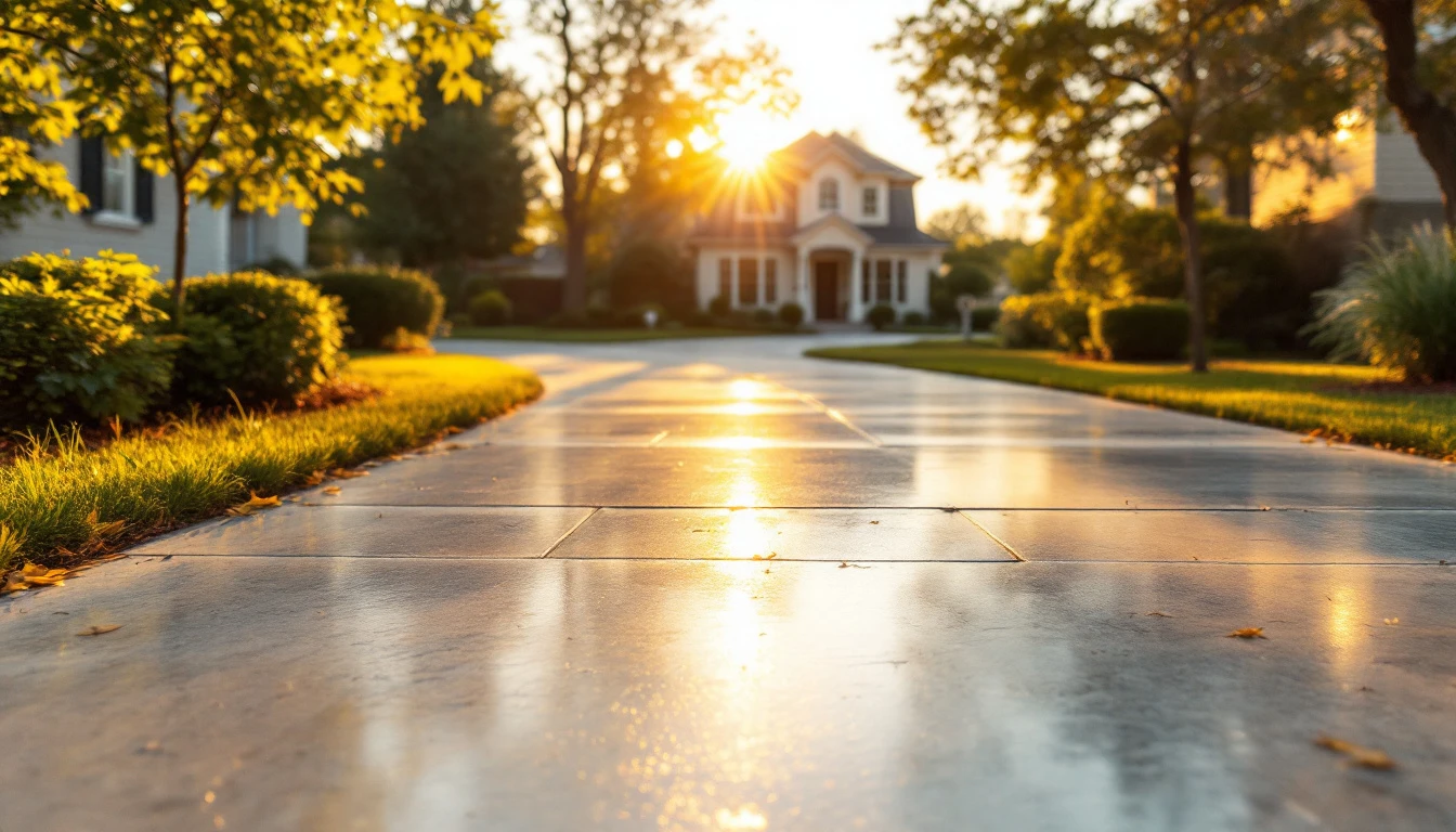 Straight sealed concrete drive glowing in soft morning light