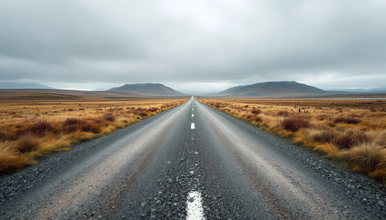 Straight gravel drive stretching across open land under gray skies