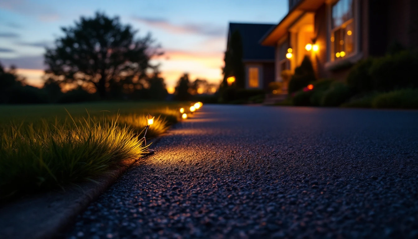 Sealed asphalt driveway frontage at dusk with string lights along the lawn edge
