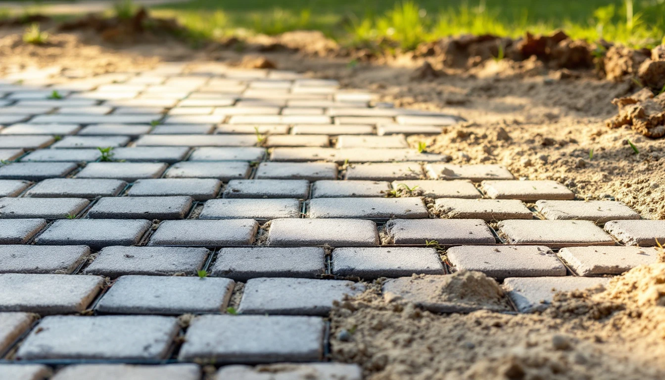Half laid paver field with string lines above the sand bed