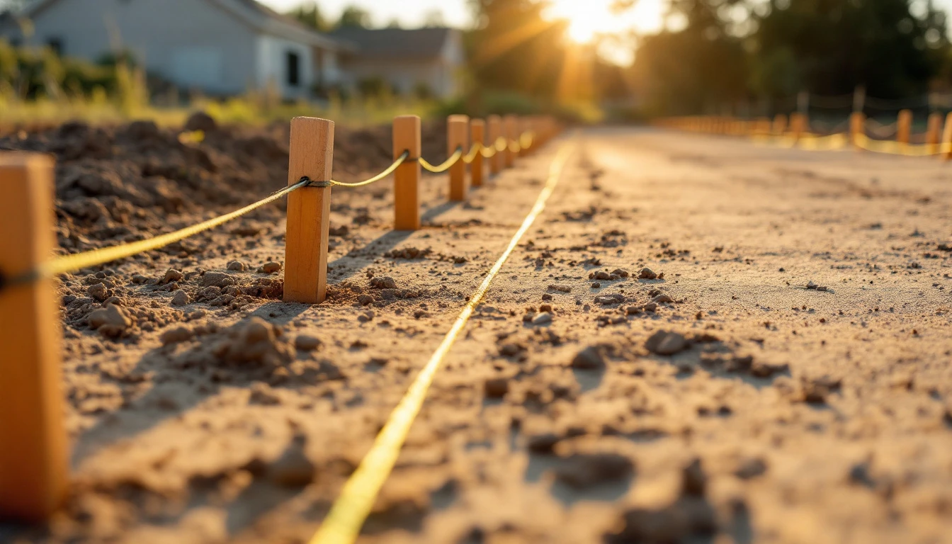 Wooden stakes and bright string lines marking a bare driveway footprint