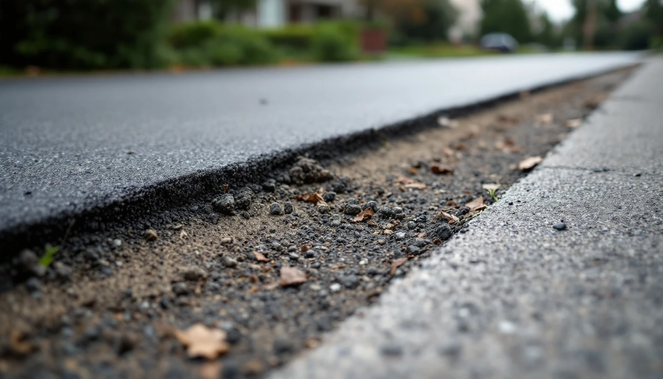 Stripped driveway half beside intact aging asphalt surface