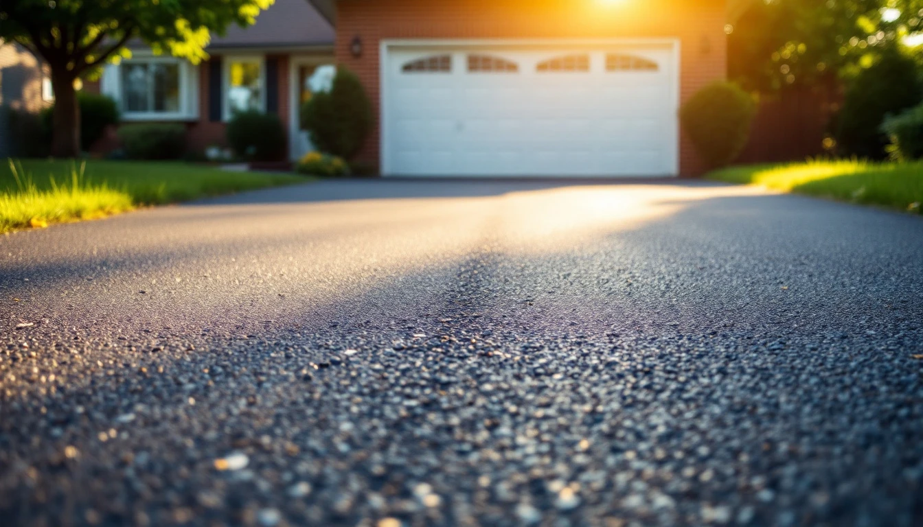 Sun baked asphalt drive leading to a suburban garage at midday