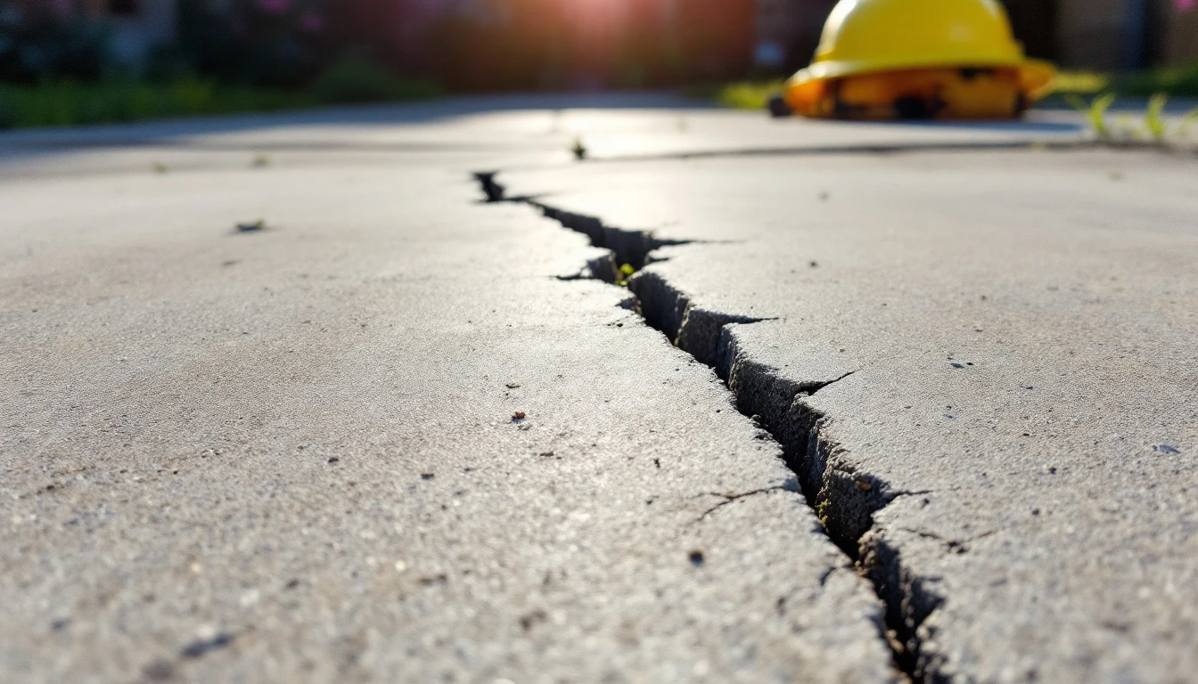 Sun baked concrete slab split by a jagged shrinkage crack