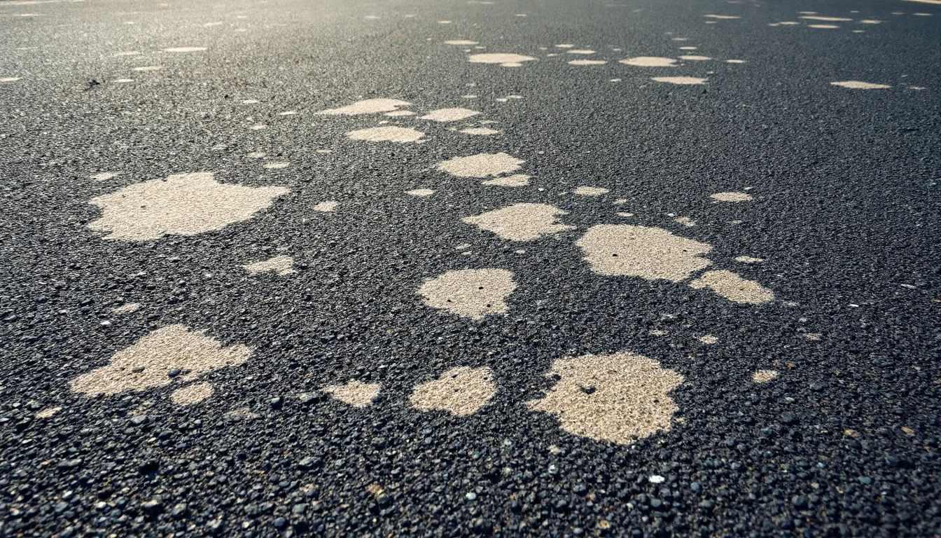 Sun bleached asphalt with pale patches beside deeper original tone