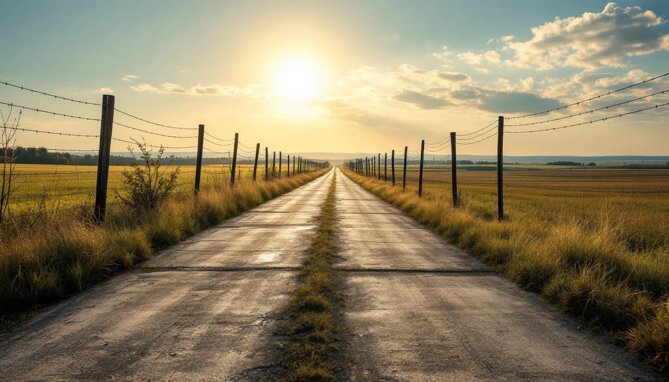 Sun faded weathered concrete lane running past fence posts and fields