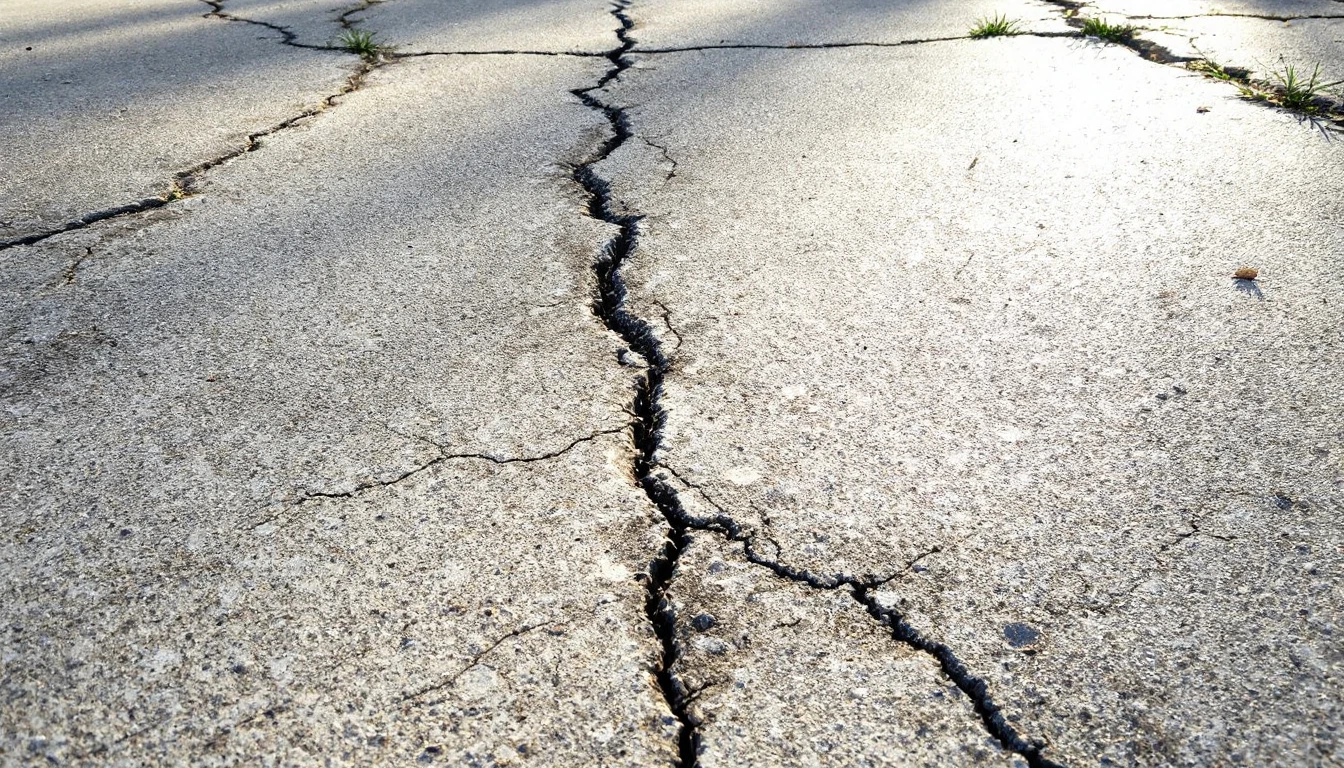 Sun weathered concrete driveway with fine hairline cracks and wear