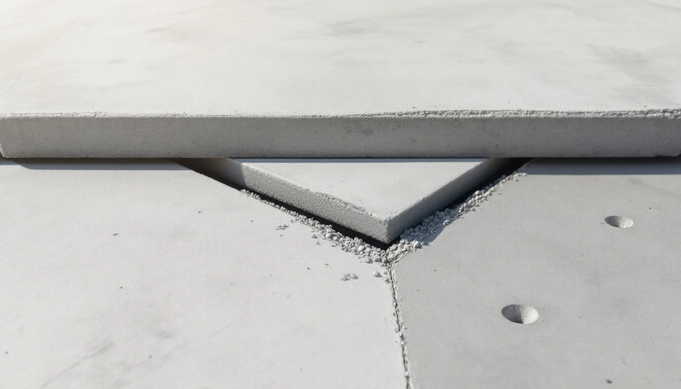 Sunken concrete slab lifted back level beside small patched drill holes