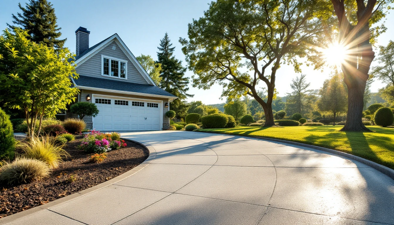 Sunlit concrete driveway curving toward a garage framed by shrubs