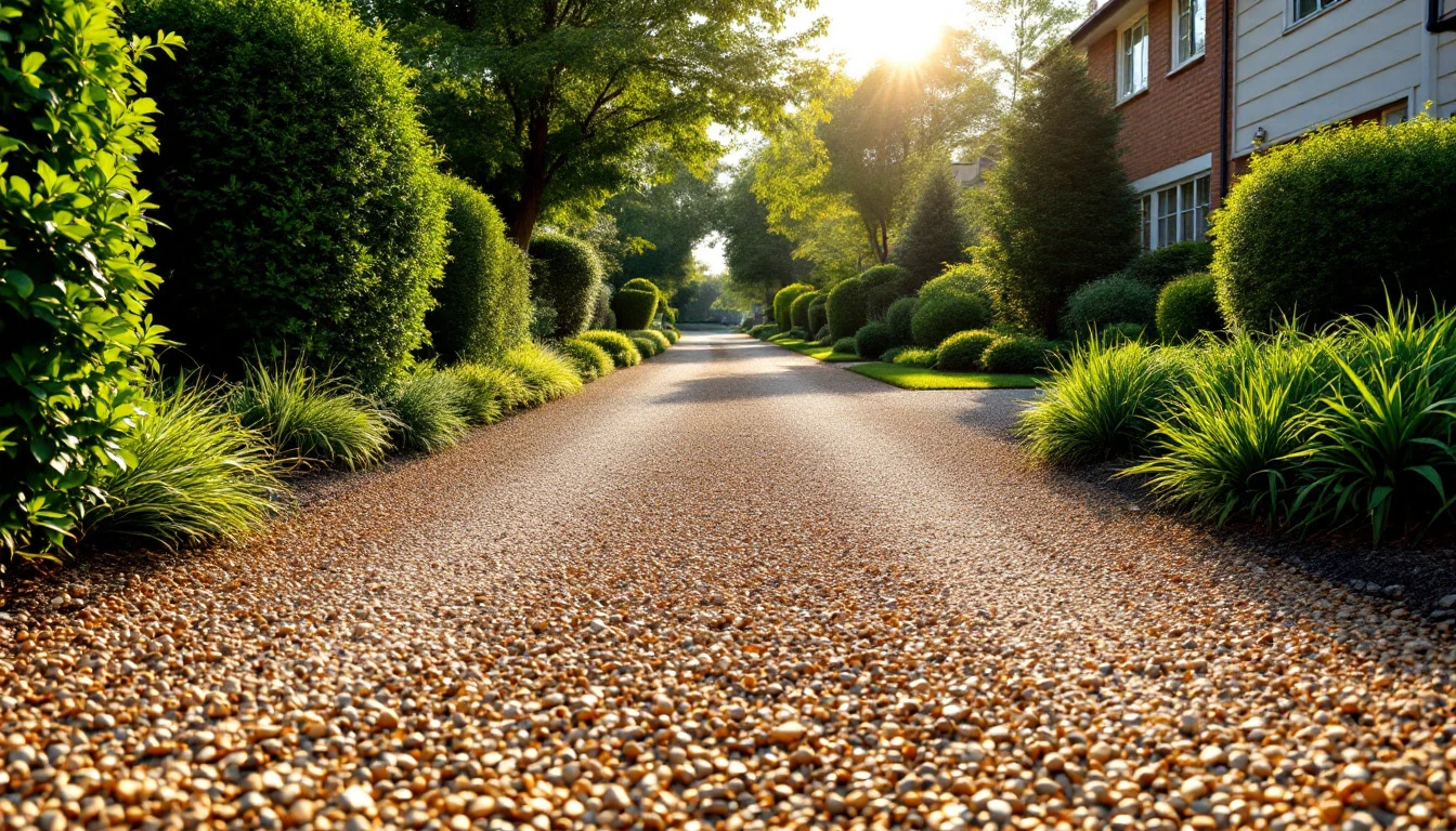 Sunlit gravel frontage bordered by low green shrubs