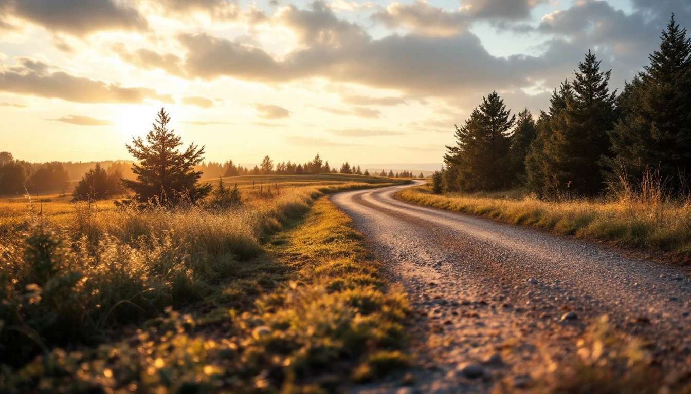 Weathered gravel drive curving through grass in warm evening light