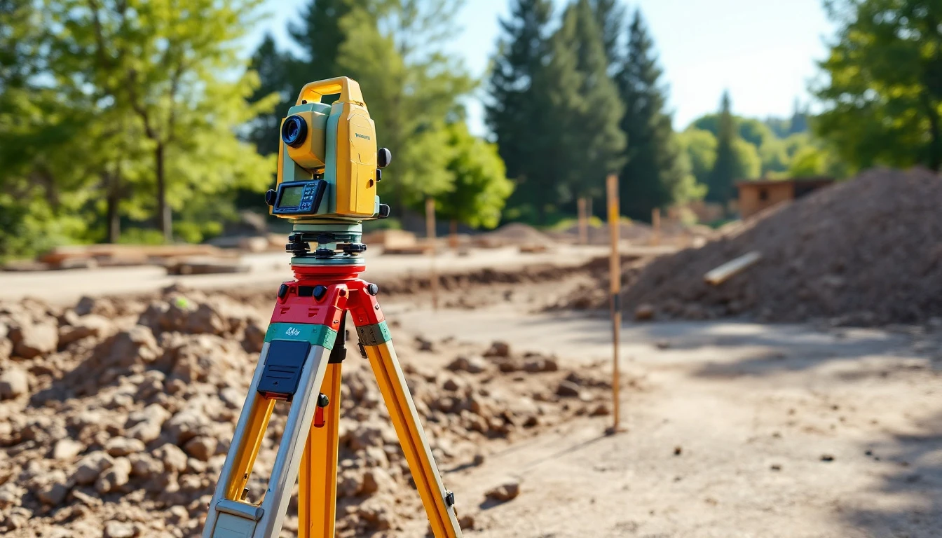 Optical instrument on a tripod over a staked drive site