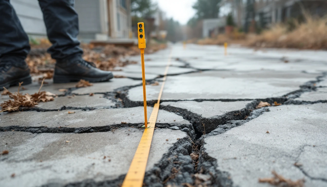 Survey stakes and string marking a line beside a cracked drive