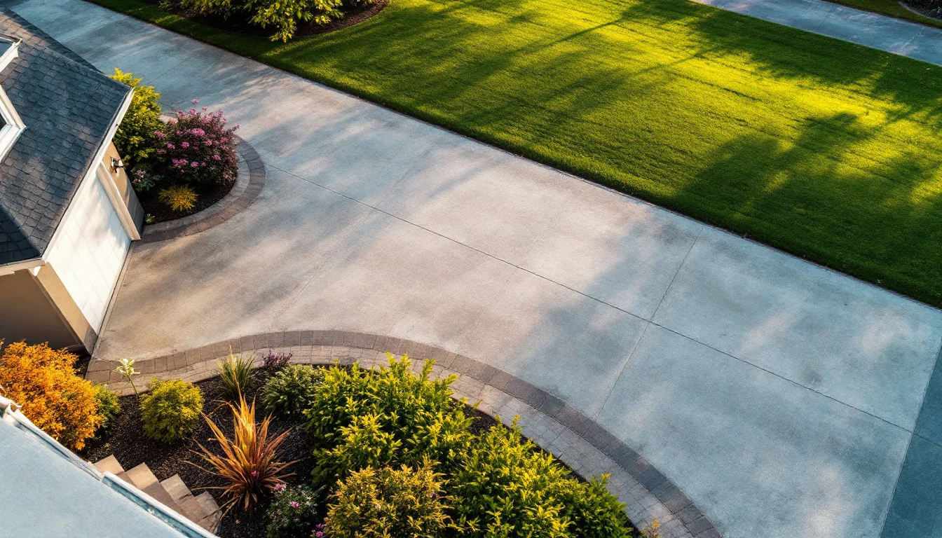 Elevated view of a sweeping wide concrete driveway beside open lawn