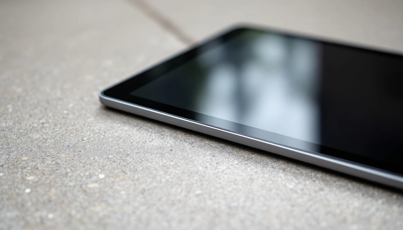 Tablet resting on a smooth sealed concrete driveway surface