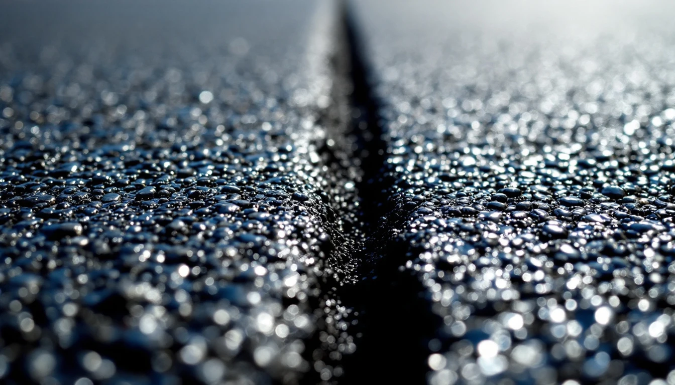 Glossy black tack coat sprayed along a milled asphalt joint