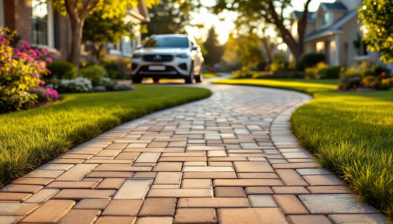 Tan pavers lead past a neat lawn to a suburban garage