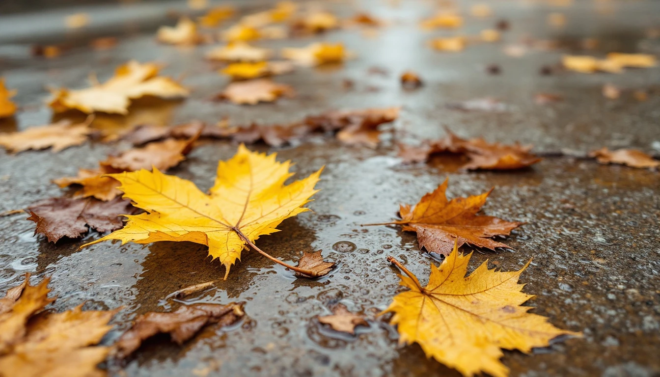 Fallen leaves pressing brown tannin marks into a wet concrete drive