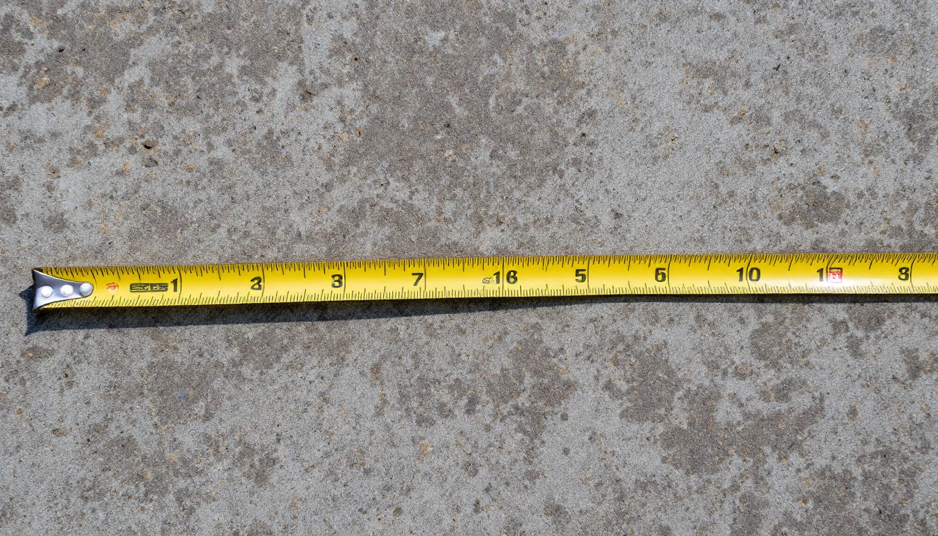Tape measure stretched across the edge of a weathered concrete slab