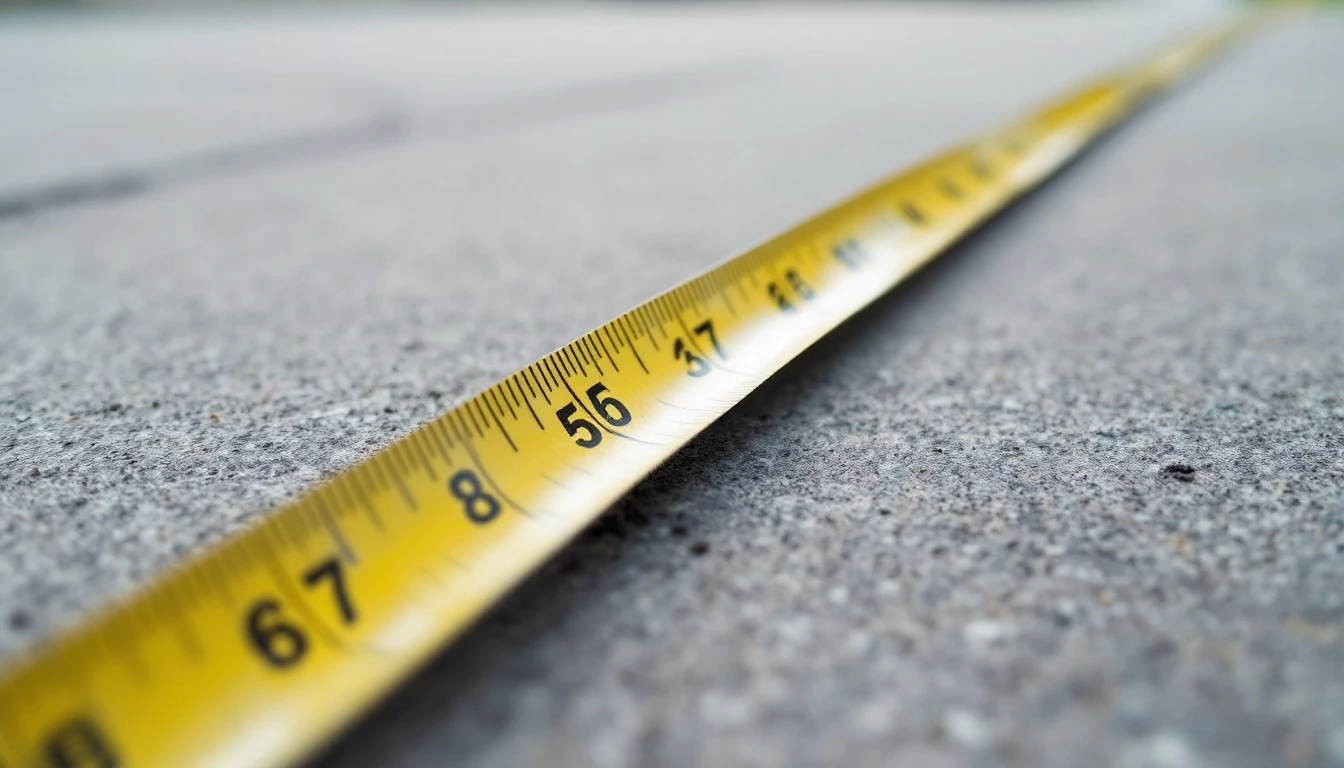 Tape measure stretched edge to edge across a concrete driveway