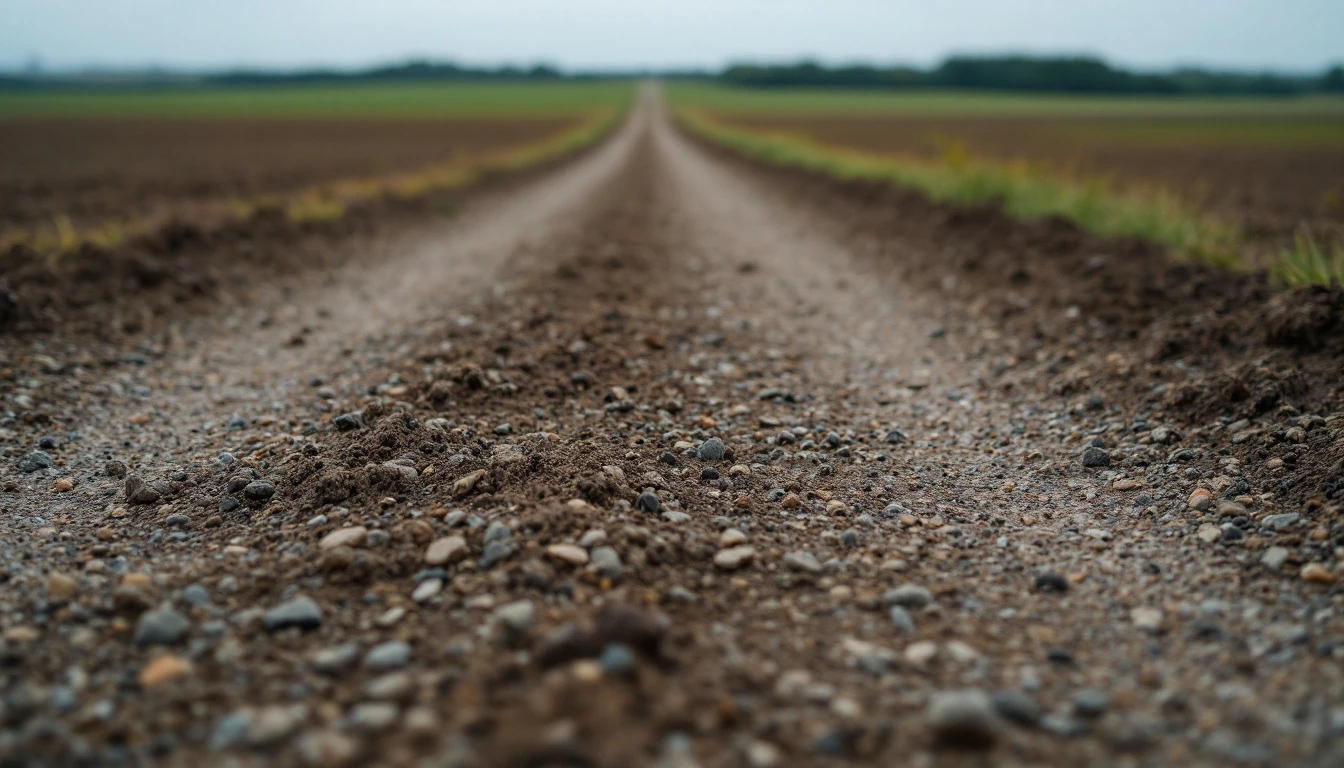 Loose gravel track running over bare soil toward open fields