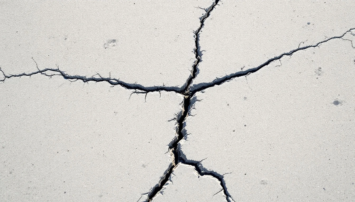 Wide tension crack splitting a pale concrete slab in bright sun