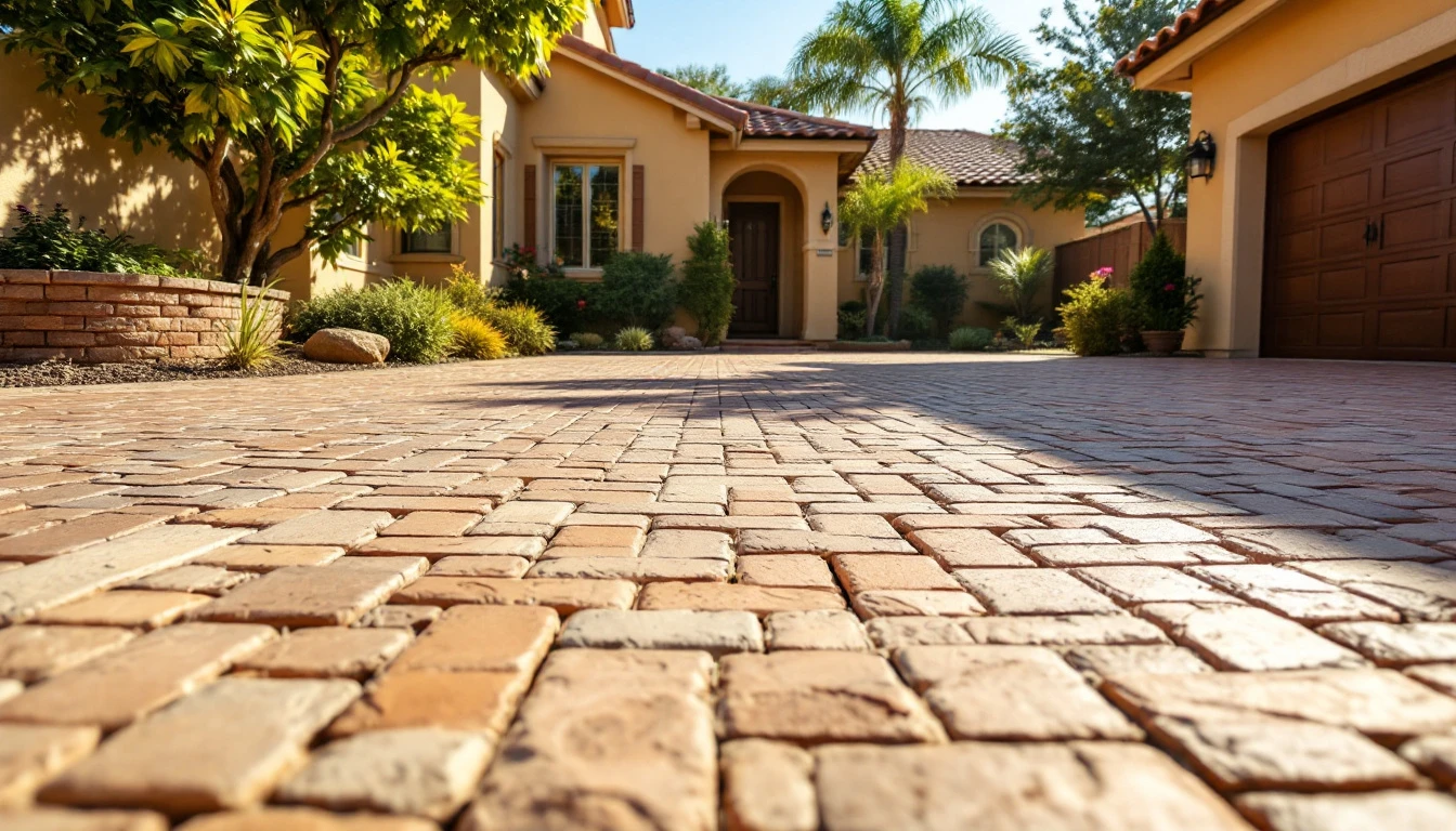 Terracotta toned stone pavers spread across a sunny front courtyard