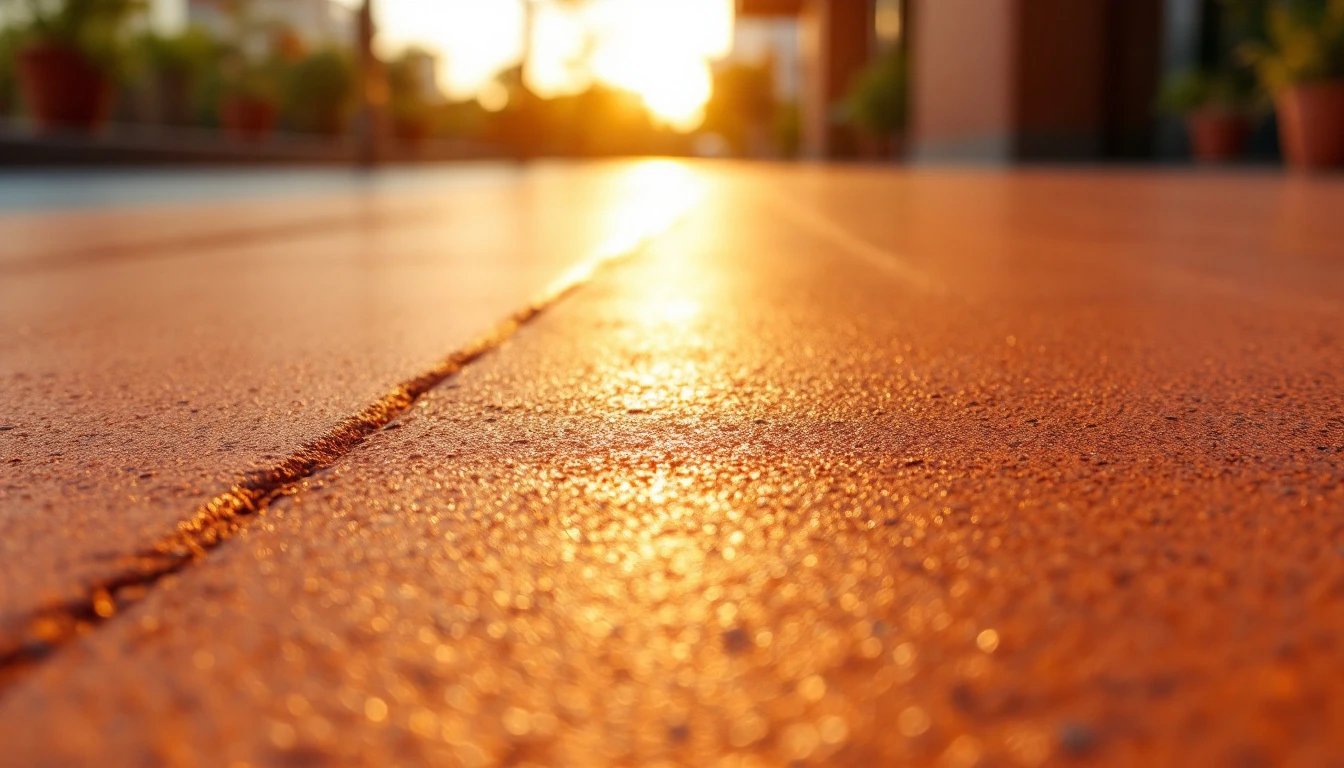 Terracotta tinted concrete with a broomed finish in low evening light