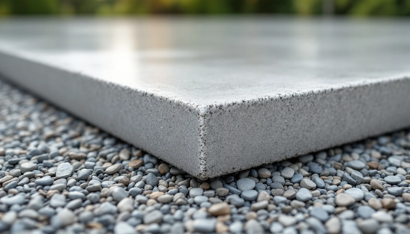 Thick concrete slab edge resting on a compacted gravel base