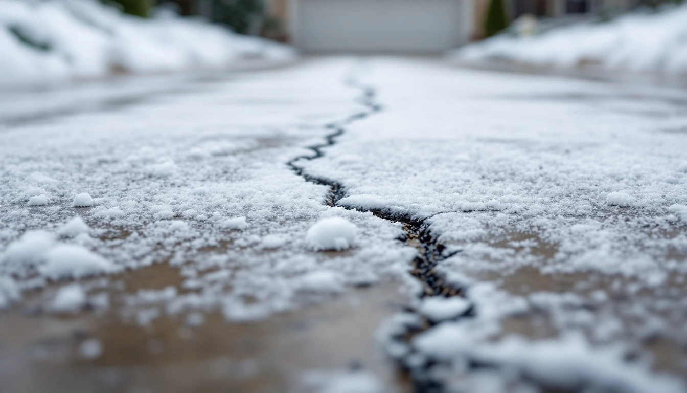 Thin snow settling over a cracked concrete driveway surface