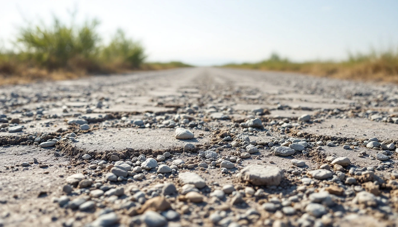Worn gravel surface with thin bare patches and exposed soil underneath