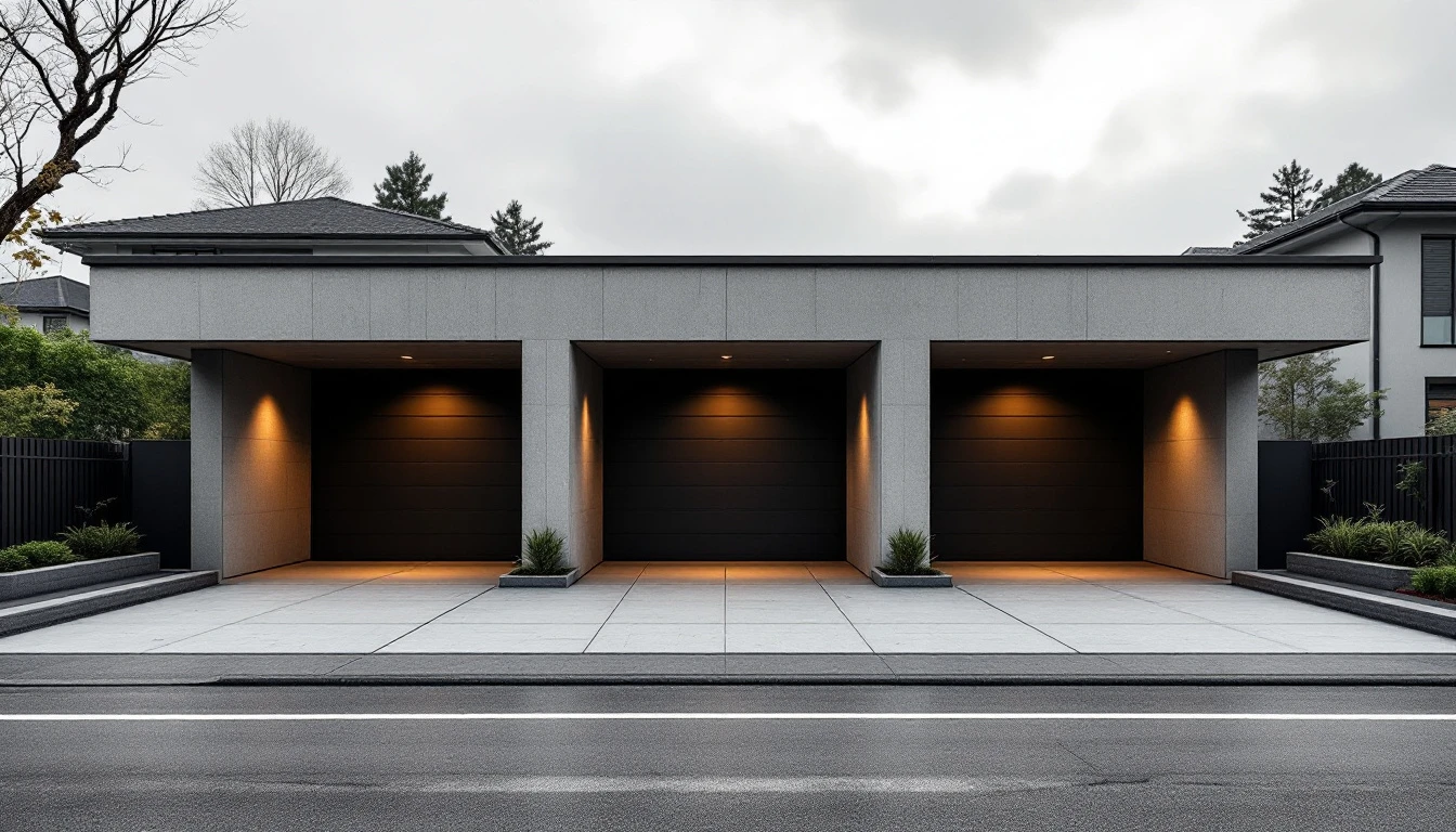 Wide broomed concrete court with three open parking bays