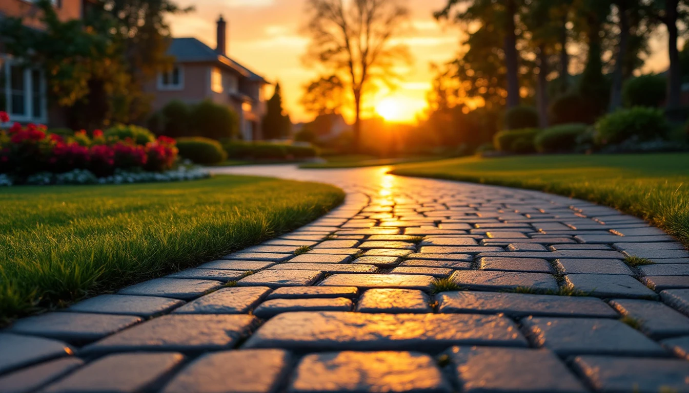 Tidy interlocking paver driveway glowing in warm sunset light