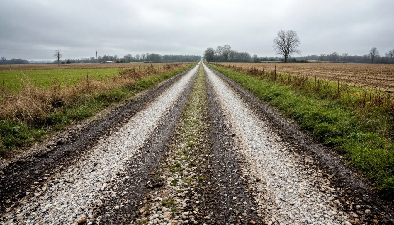 Rutted gravel farm lane stretching toward open fields under gray skies