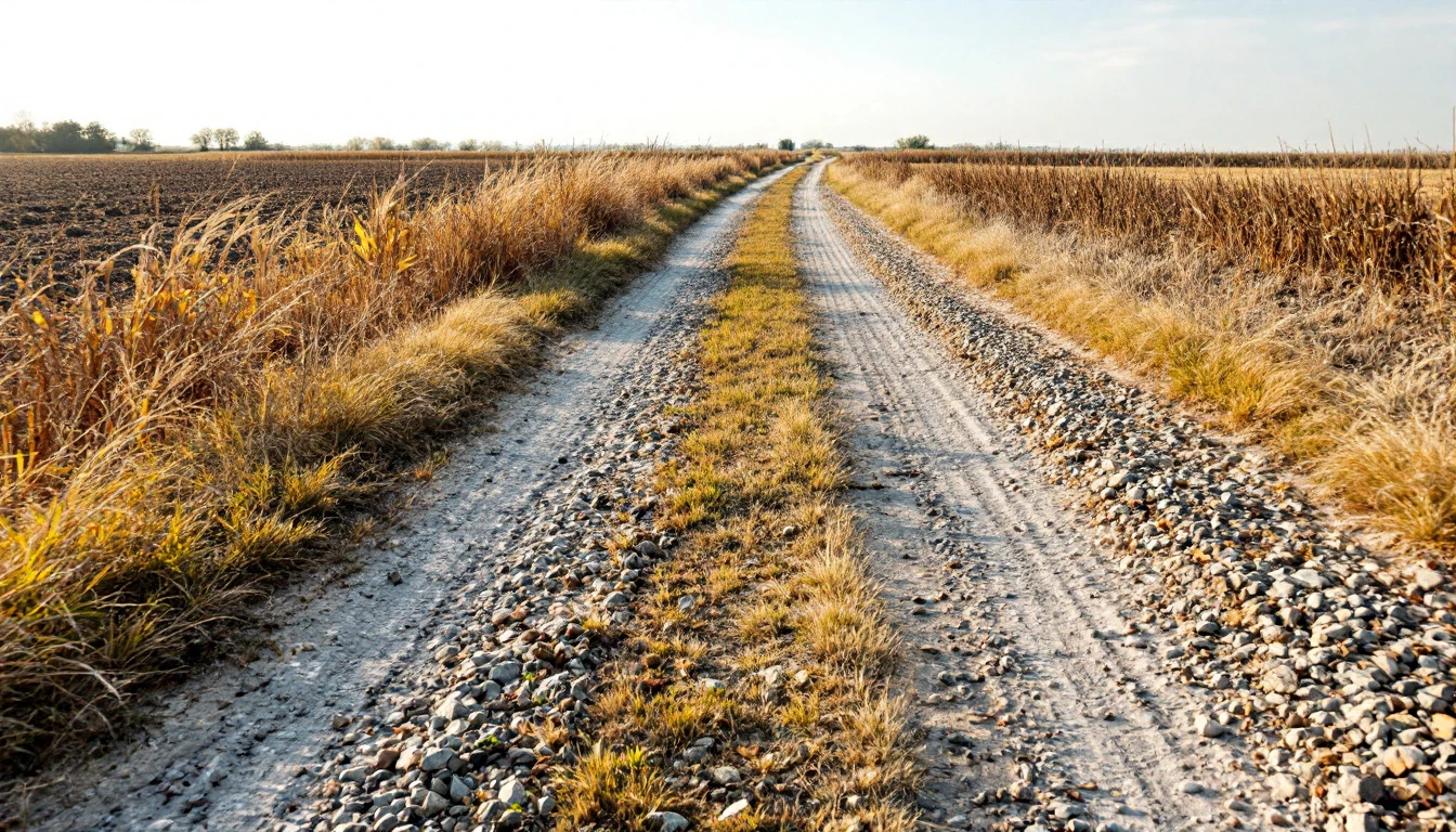 Gravel driveway with tire-worn tracks curving past open fields
